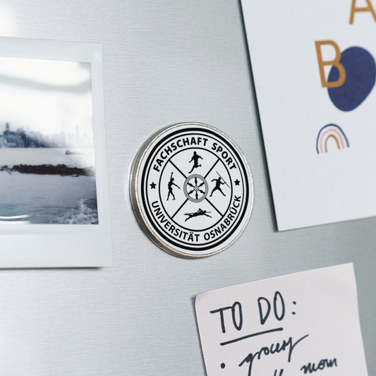Runder Kühlschrankmagnet - Fachschaft Sport Uni OS - weiß