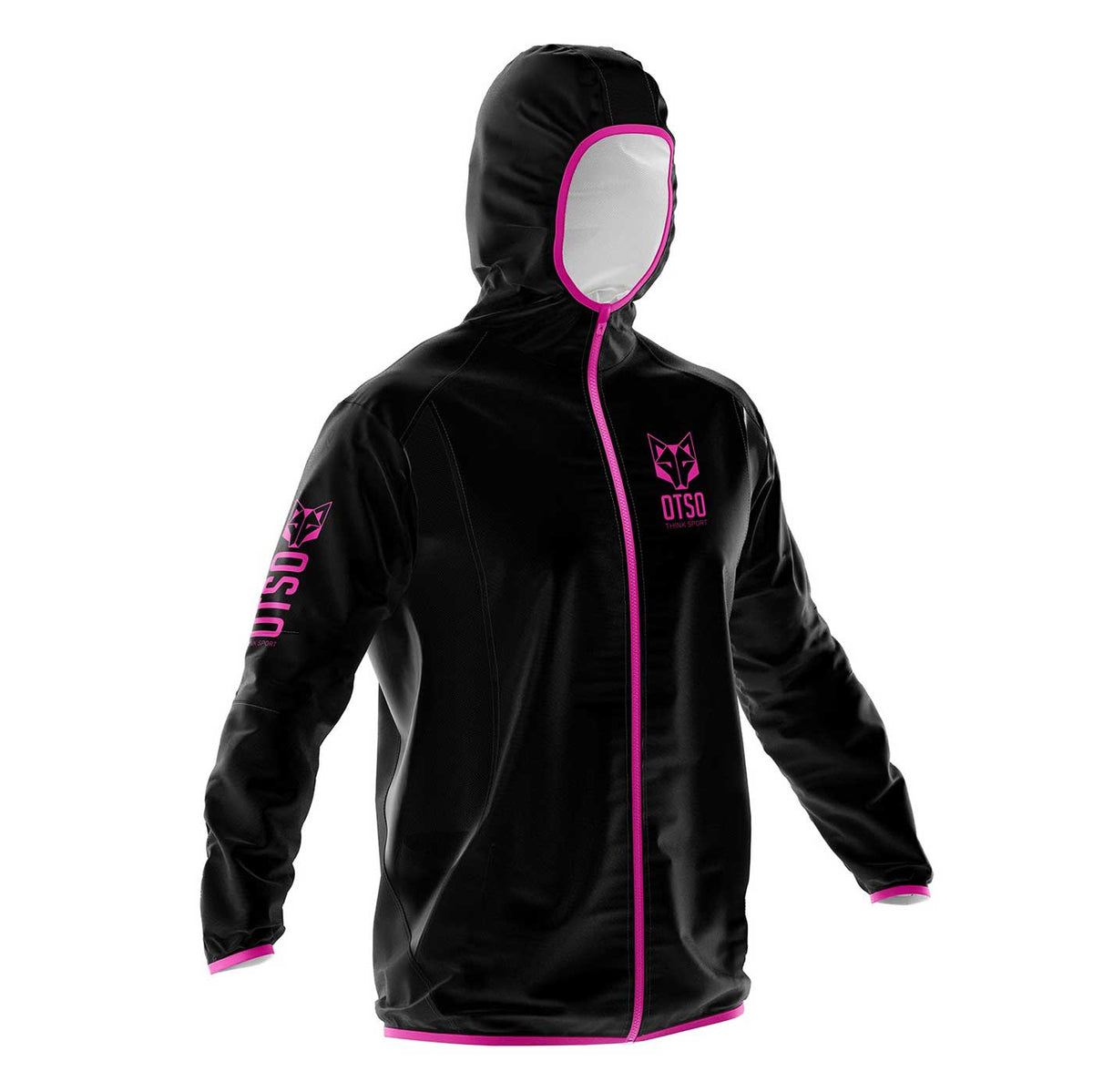 OTSO Wasserdichte Laufjacke - Black & Fluo Pink – Produktansicht