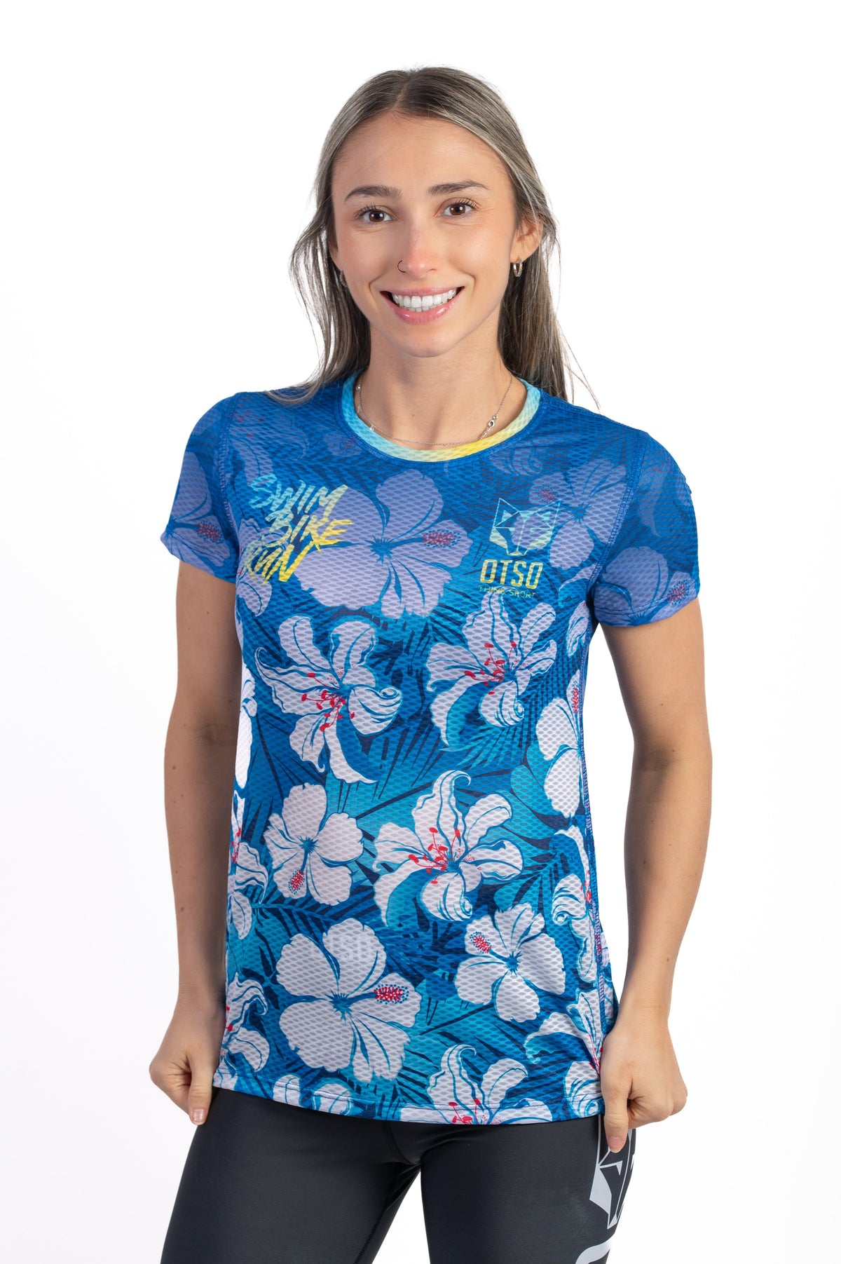 OTSO Damen Kurzarm-Funktionsshirt - Swim Bike Run Flower – Produktansicht 3