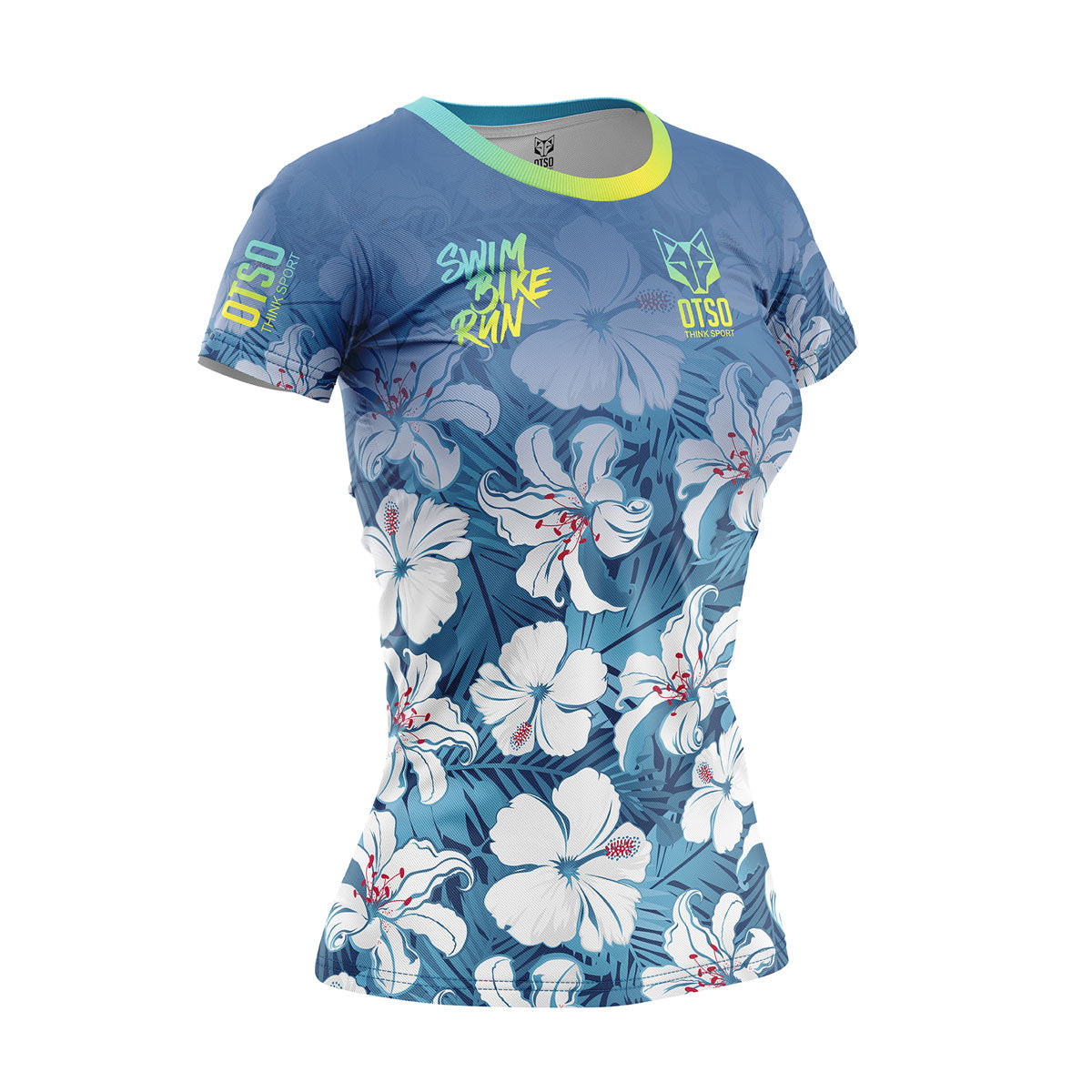 OTSO Damen Kurzarm-Funktionsshirt - Swim Bike Run Flower – Produktansicht
