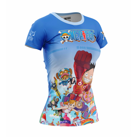 OTSO Damen Kurzarm-Funktionsshirt - One piece egghead luffy straw hat crew blue – Produktansicht