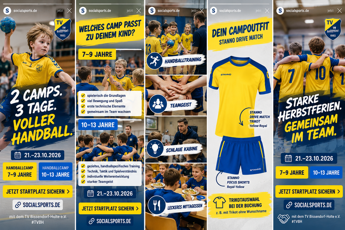 SocialSports Story: zwei Handballcamps 7-9 und 10-13 Jahre, 21.-23.10.2026, Stanno Campoutfit